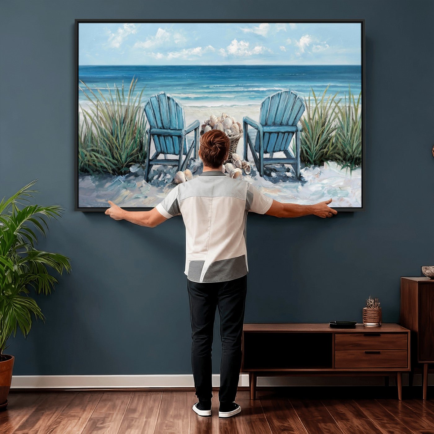 11973028-MGV-CV-36X24 - Beach Canvas Wall Art Coastal Adirondack Chairs Ocean Seashells Blue Nautical Framed Large for Living Room Bedroom Bathroom Decor