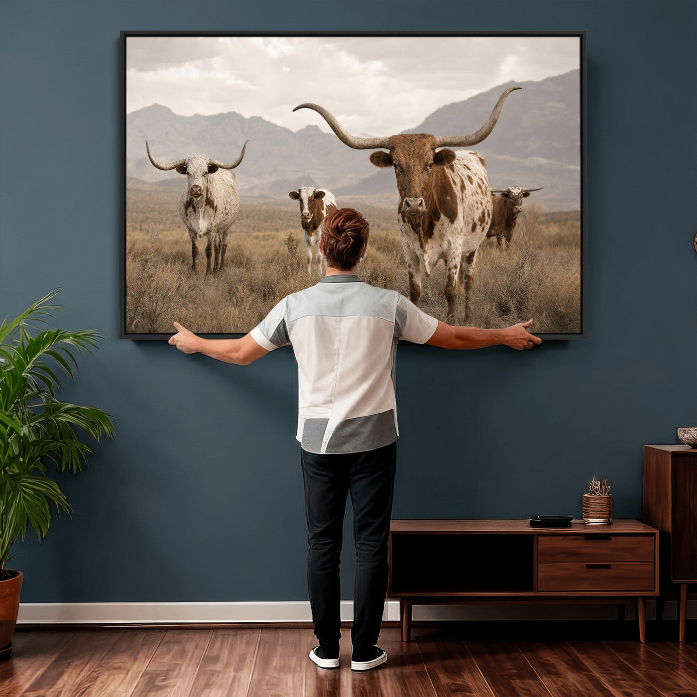 62336425AD-MGV-CV-36X24 - Rustic Texas Longhorn Cow Canvas Wall Art Print, Rustic Farm Animal Photography Print, Farmhouse Country Decor, Western Ranch Art