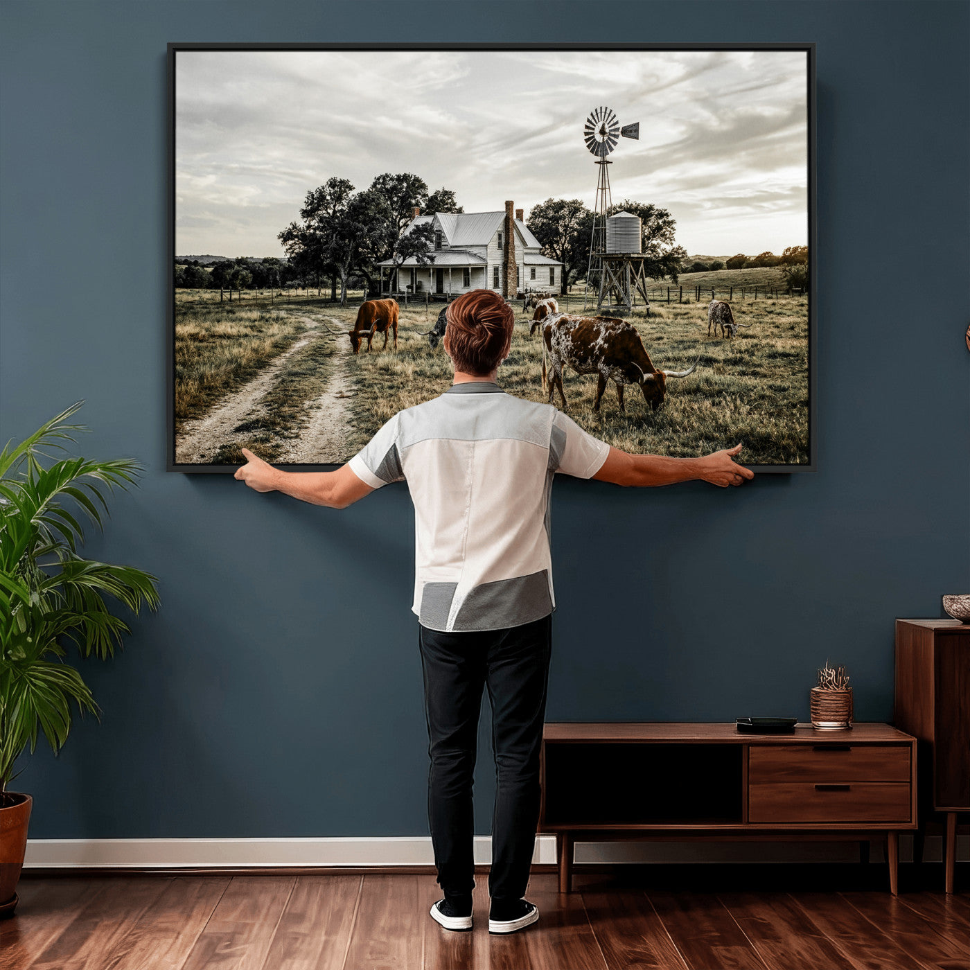 92429425-MGV-CV-36X24 - Texas Longhorn Ranch Wall Art Canvas Print, Rustic Western Farmhouse Decor, Country Landscape Canvas Wall Art, Vintage Cowboy Ranch Picture