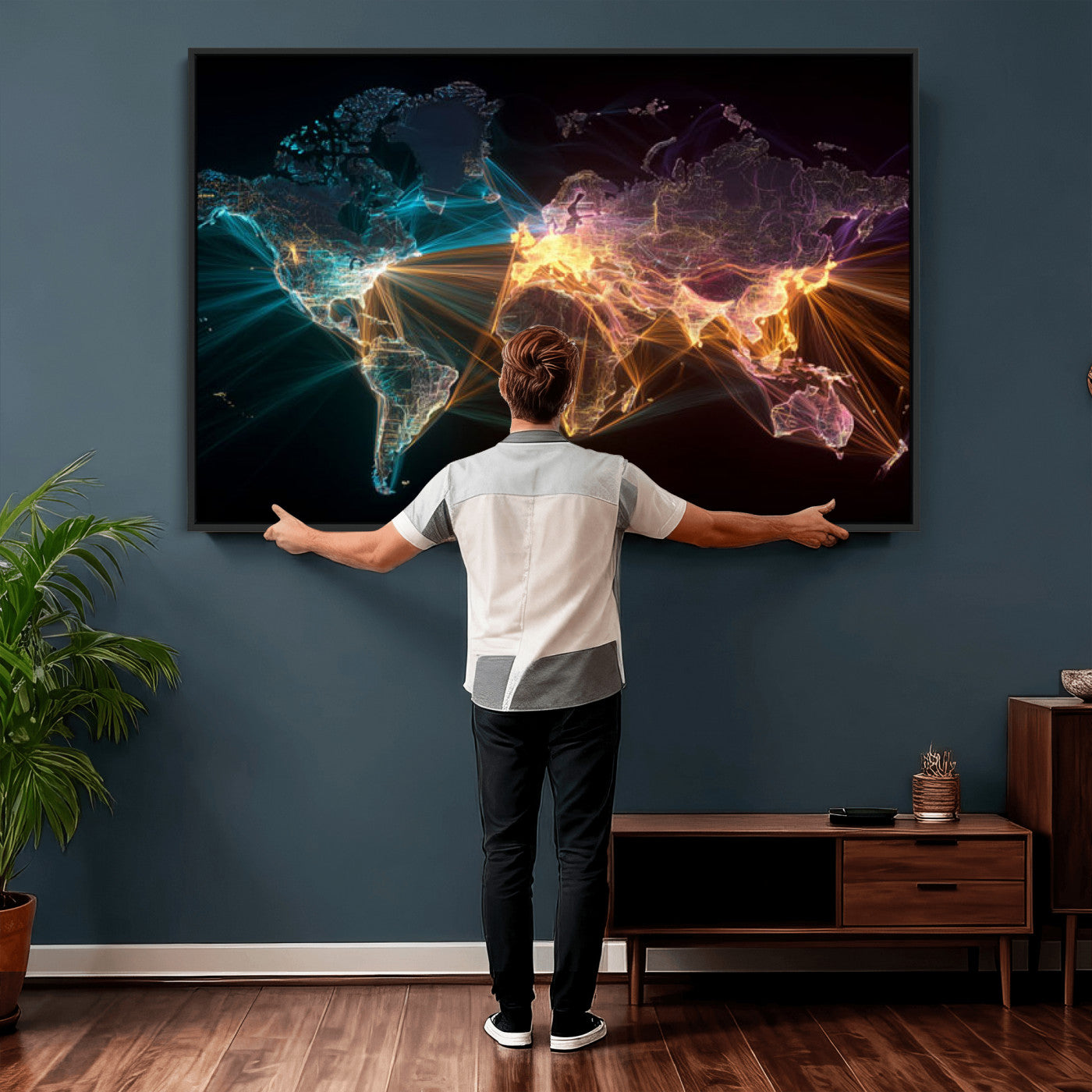 14891737-MGV-CV-36X24 - World Map and Global Flight Routes Map Canvas Wall Art, Worldwide Aviation Network Print, International Air Travel Wall Decor