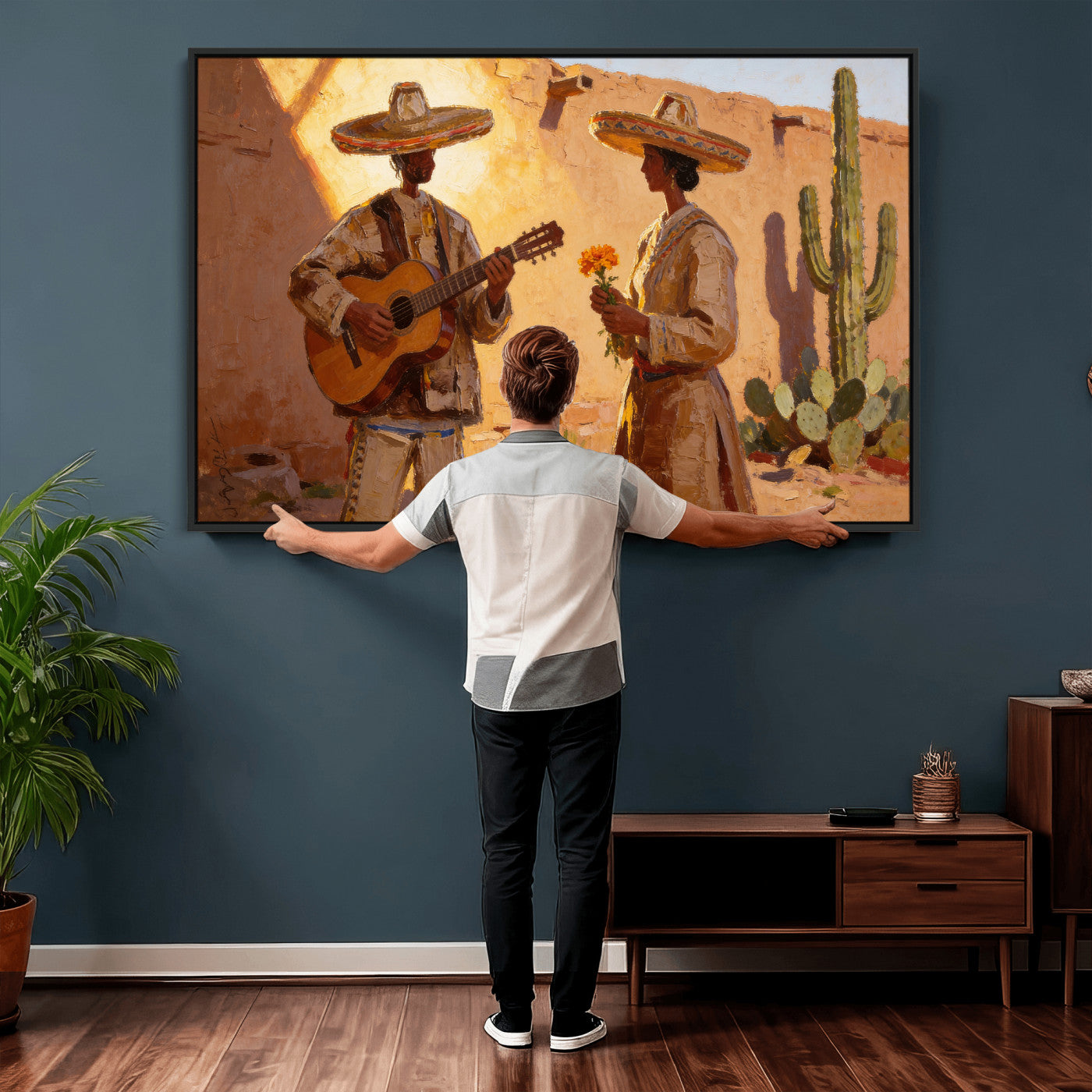 41849005-MGV-CV-36X24 - Mexican Couple Canvas Wall Art, Romantic Serenade Guitar Painting Print, Southwestern Desert Adobe Decor, Warm Golden Folk Art, Living Room Art