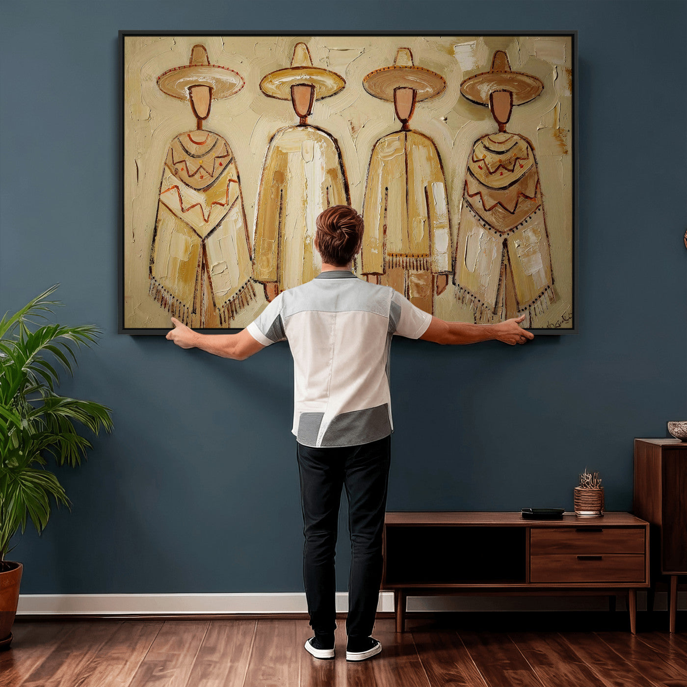 46071653-MGV-CV-36X24 - Mexican Folk Art Canvas Wall Art, Charro Poncho Sombrero Painting Print, Neutral Beige Boho Decor, Southwestern Impasto Style, Living Room Art