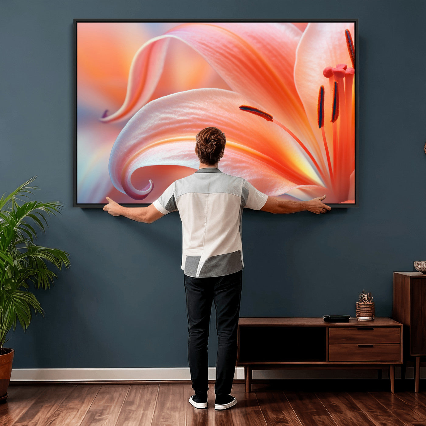 69566231-MGV-CV-36X24 - Peach Lily Canvas Wall Art, Coral Pink Flower Macro Photo Print, Botanical Bedroom Decor, Soft Floral Photography, Living Room Wall Art