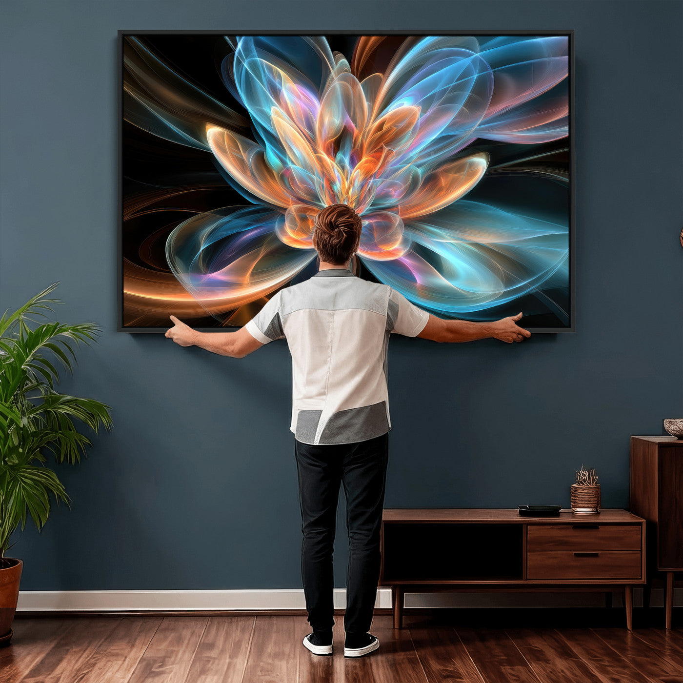 91902283-MGV-CV-36X24 - Fractal Lotus Canvas Wall Art, Blue Orange Glowing Flower Abstract Print, Modern Zen Meditation Room Decor, Ethereal Digital Art, Living Room