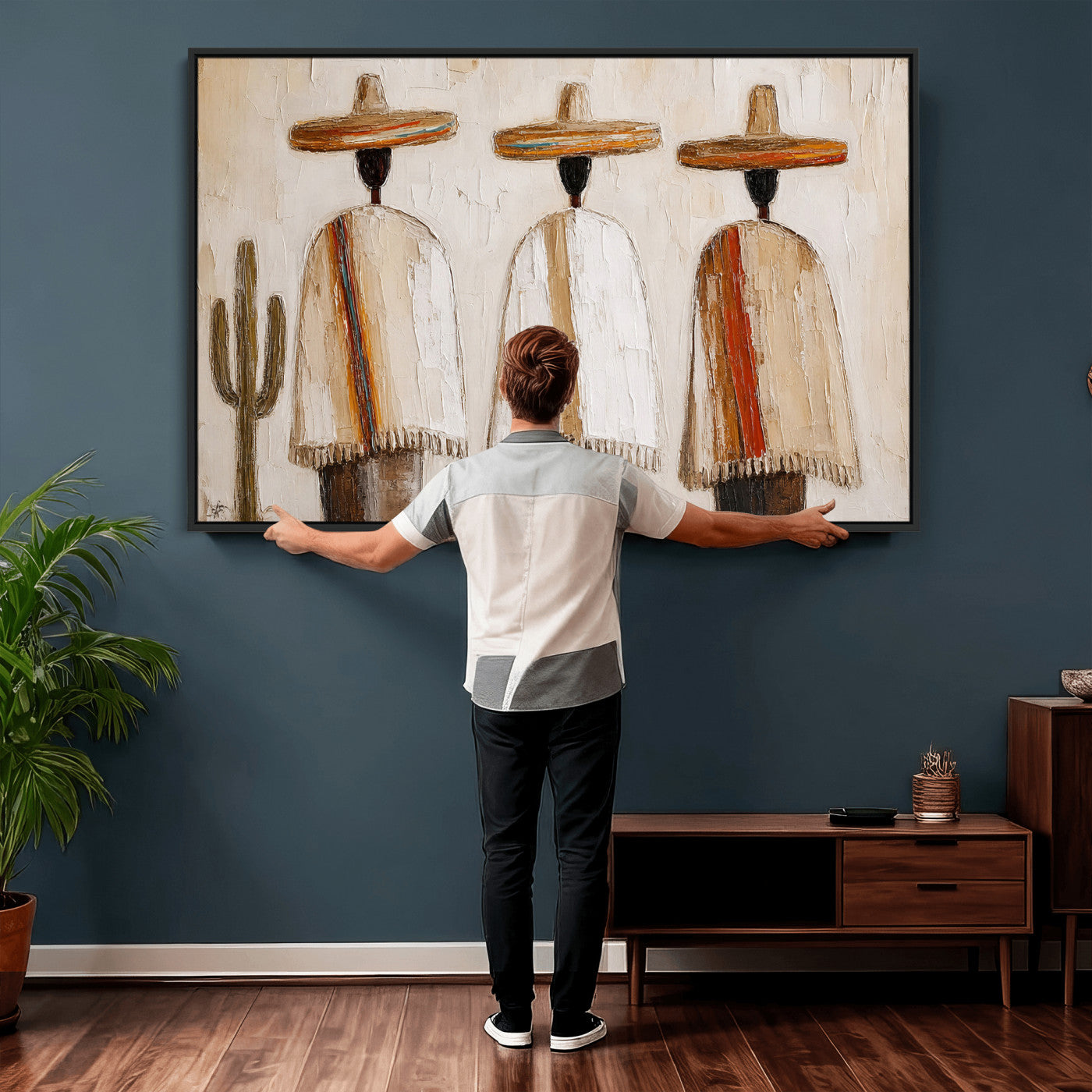 72884785-MGV-CV-36X24 - Mexican Folk Art Canvas Wall Art, Southwestern Sombrero Poncho Painting, Neutral Earthy Boho Decor, Fiesta Living Room Art, Impasto Style Print