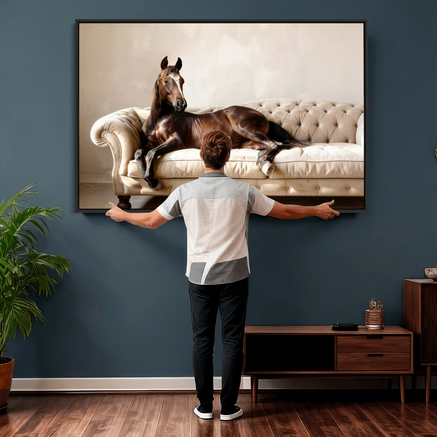 17716841-MGV-CV-36X24 - Funny Horse on Sofa Canvas Wall Art, Quirky Horse Lounging Photo Print, Whimsical Animal Decor, Living Room Conversation Art, Horse Lover Gift