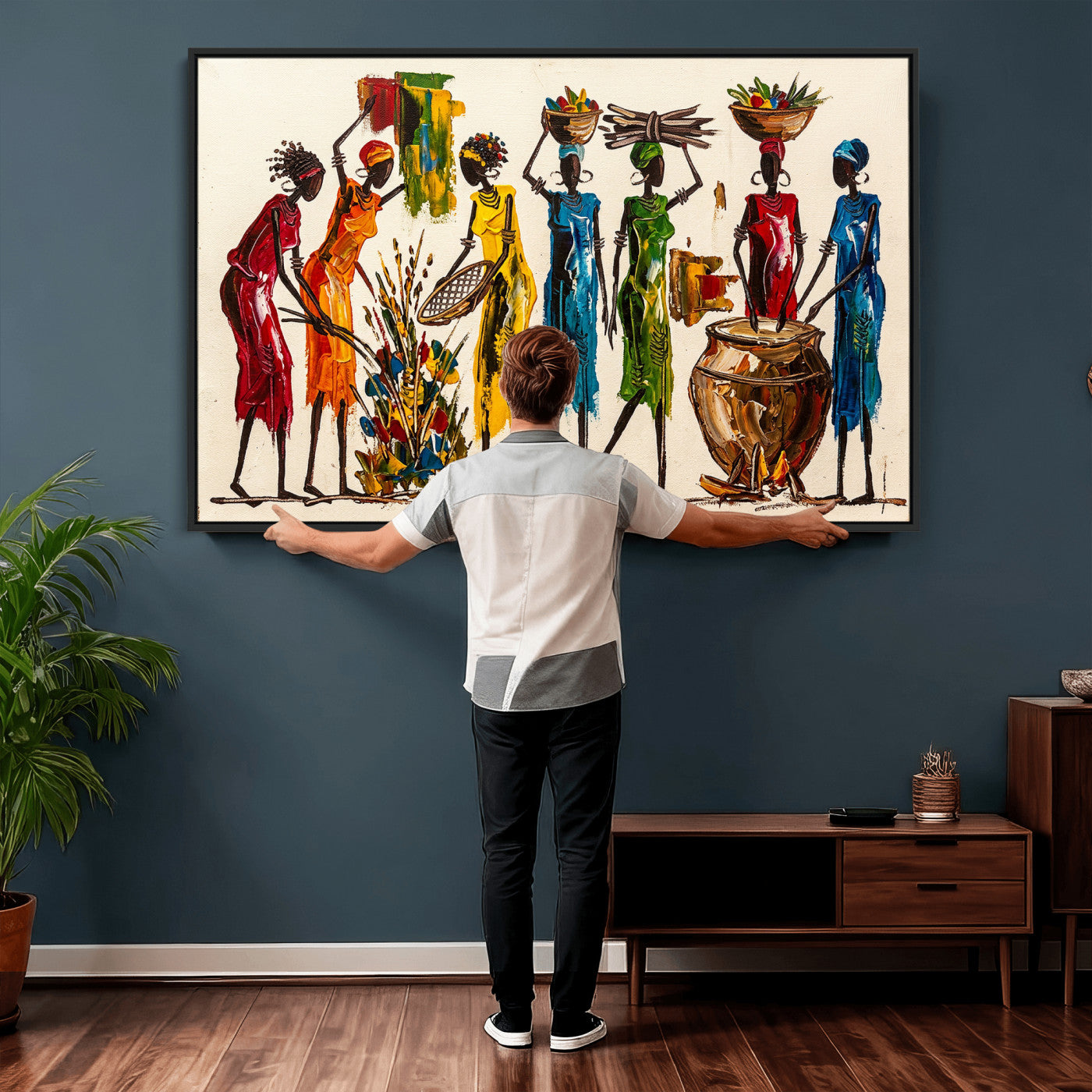 83463154-MGV-CV-36X24 - African Folk Art Canvas Wall Art, Colorful African Women Village Painting Print, Tribal Ethnic Home Decor, Vibrant African Art, Living Room