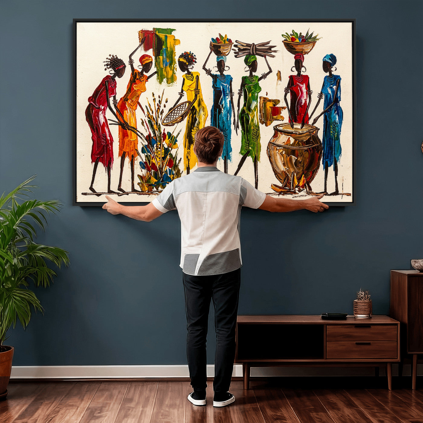 83463154-MGV-CV-36X24 - African Folk Art Canvas Wall Art, Colorful African Women Village Painting Print, Tribal Ethnic Home Decor, Vibrant African Art, Living Room