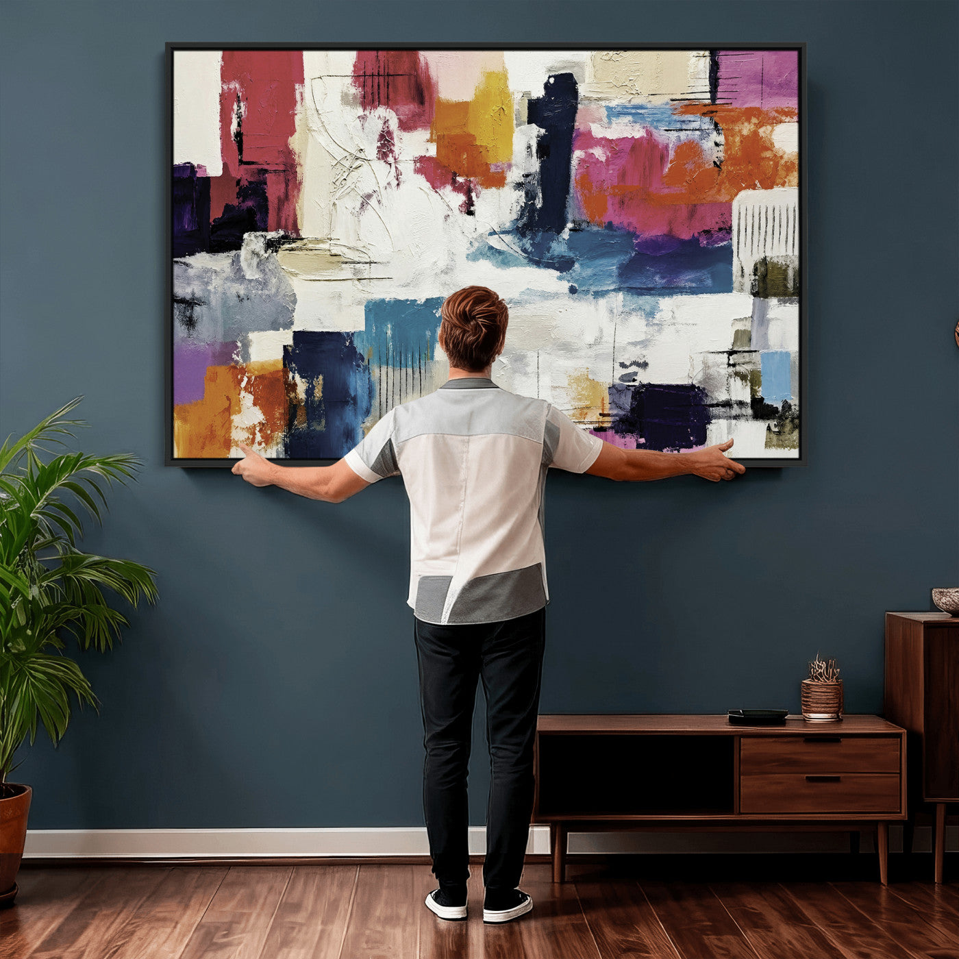 57864023-MGV-CV-36X24 - Blue Teal Abstract Canvas Wall Art, Modern Textured Painting Print, Navy Orange White Contemporary Art, Neutral Living Room Decor, Office Art