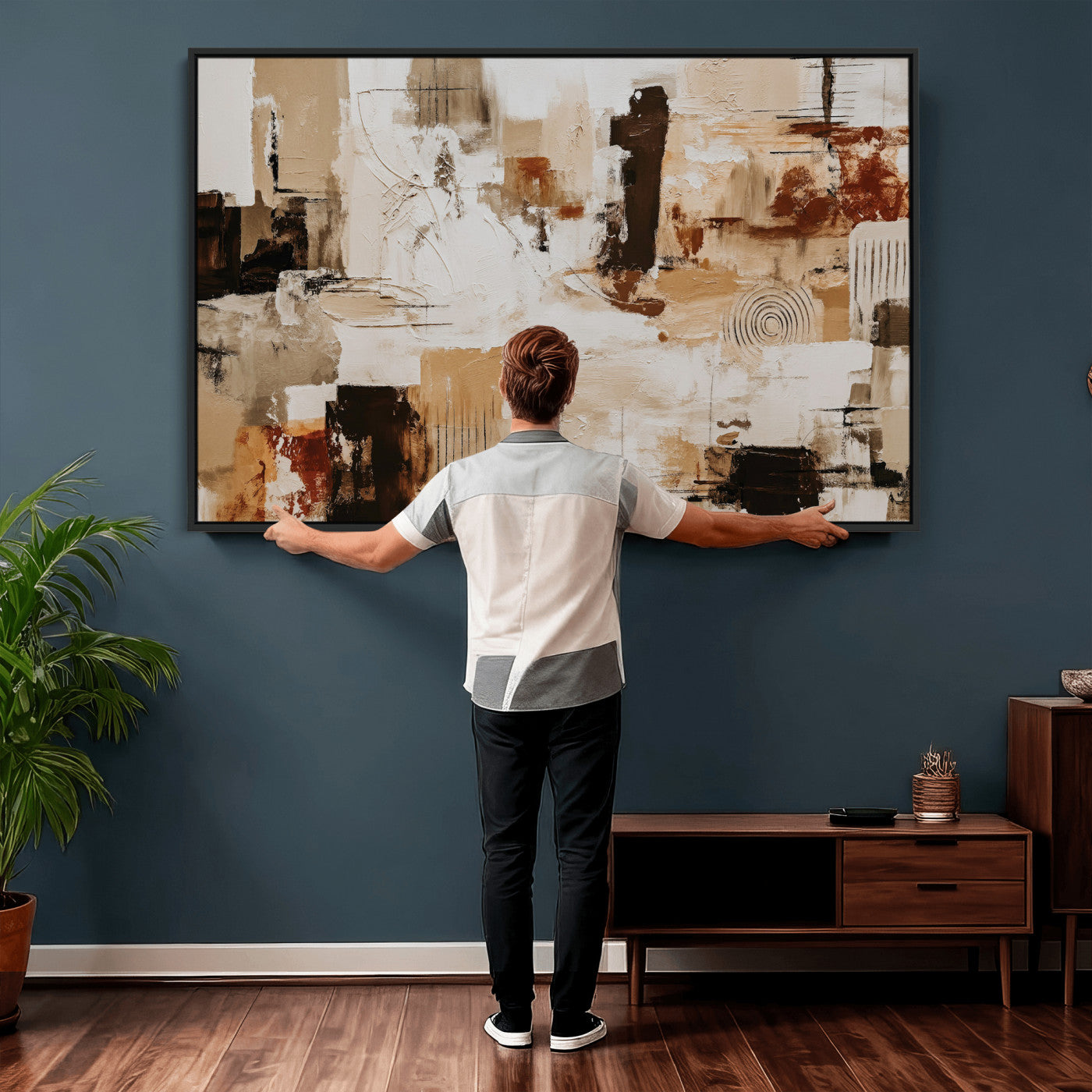 26560159-MGV-CV-36X24 - Blue Teal Abstract Canvas Wall Art, Modern Textured Painting Print, Navy Orange White Contemporary Art, Neutral Living Room Decor, Office Art