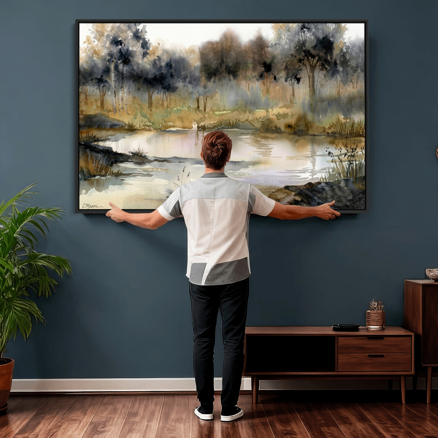27383609-MGV-CV-36X24 - Abstract WatercolorAutumn Lake Canvas Wall Art Print, Misty Forest Landscape, Rustic Nature Painting, Cabin Wall Decor, Ready to Hang