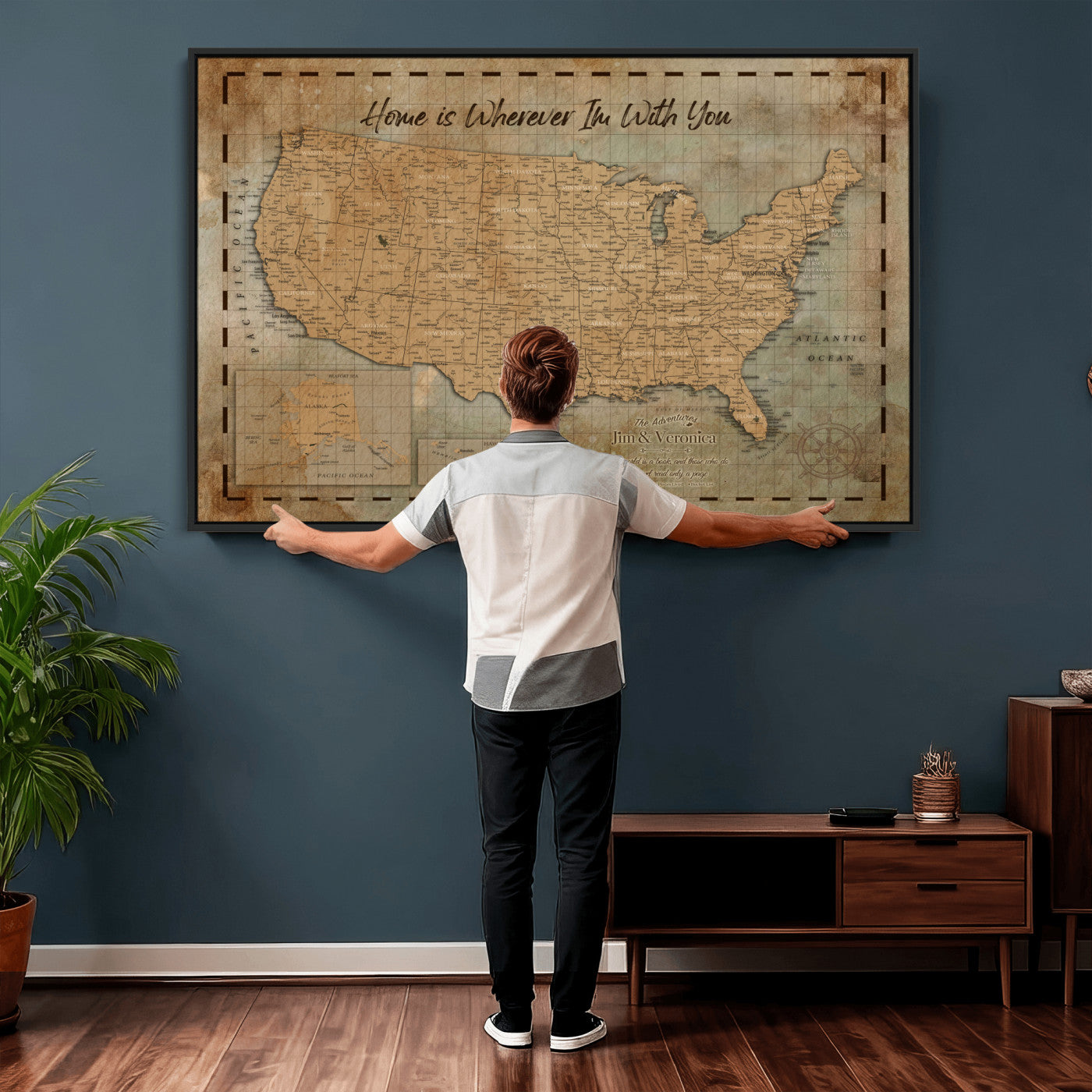 87620242-MGV-CV-36X24 - Personalized USA Push Pin Travel Map, Custom United States Map, Push Pin Map, USA Bucket List Map, Anniversary Gift, Couple Travel Map Wall Art