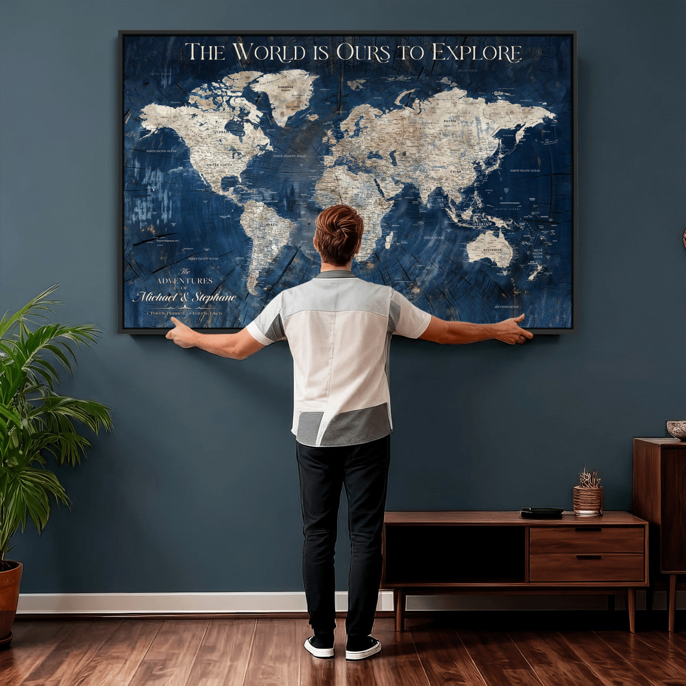 NEWMAP-5-MGV-CV-36X24 - Push Pin Customize World Map Wall Art Canvas Print, Modern Decorative Framed Map Artwork Prints for Living Room, Office, Bedroom Wall Decor - NEWMAP-5