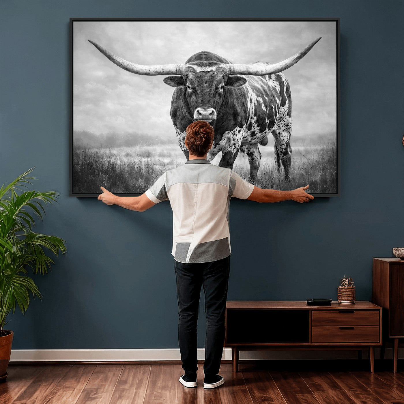 11121585-MGV-CV-36X24 - Texas Bull Wall Art Canvas Print for Farmhouse Restaurant Wall Decor