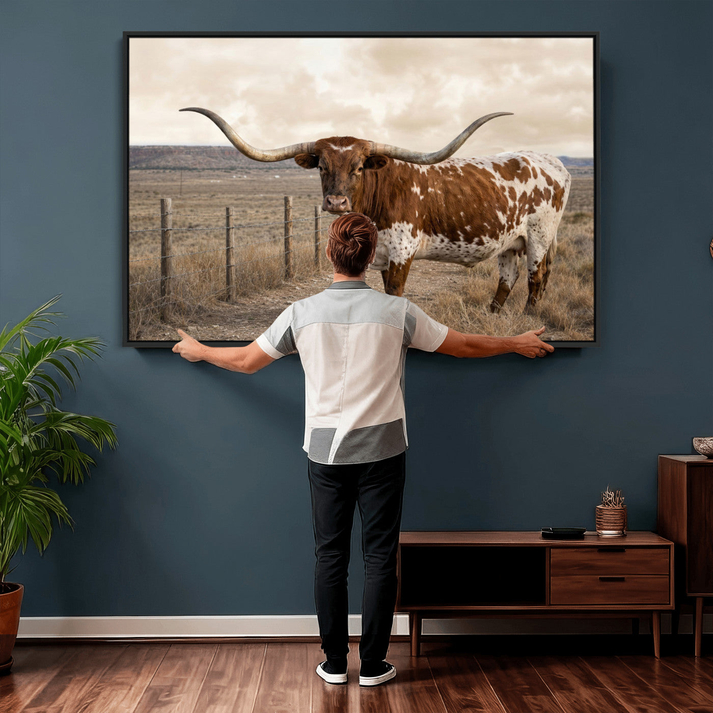 22808364-MGV-CV-36X24 - Texas Longhorn Cattle in Desert Pasture Wall Art Canvas Print - Rustic Western Decor