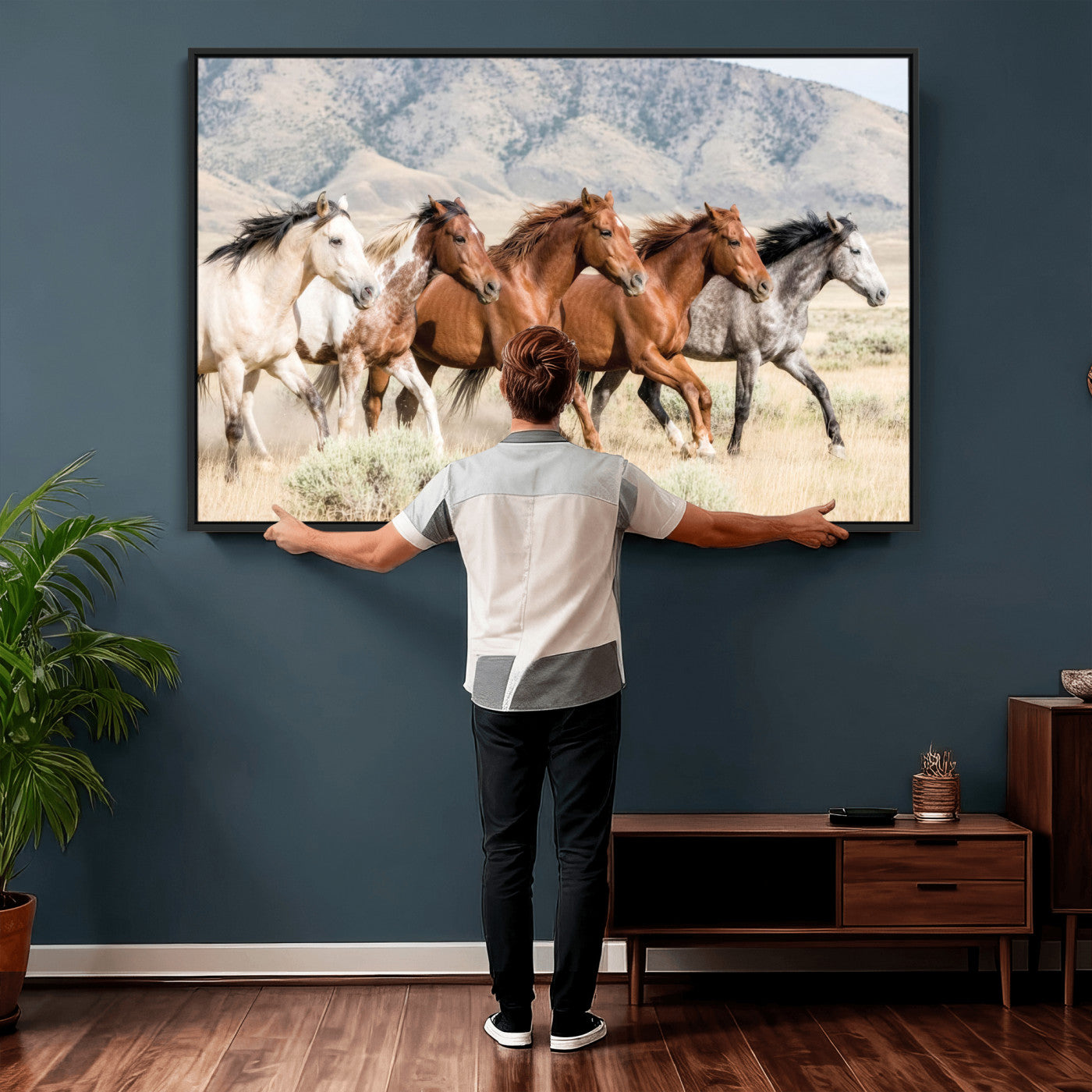 68345893-MGV-CV-36X24 - Five Mustangs Running Wild in Mountain Valley Wall Art Canvas Print - Rustic Western Decor