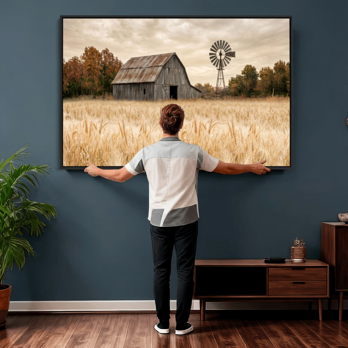 99640659-MGV-CV-36X24 - Rustic Farmhouse Barn and Windmill Wall Art Canvas Print, Country Landscape Photography Print