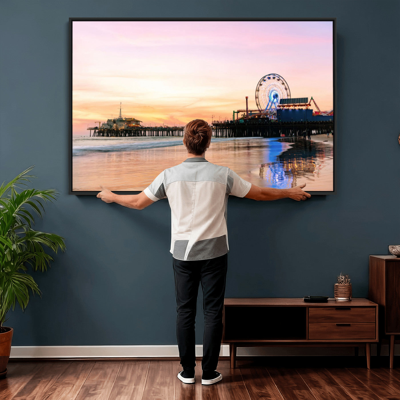 27381272-MGV-CV-36X24 - Santa Monica Pier Sunset Beach Wall Art Canvas Print, California Ferris Wheel Photo Print