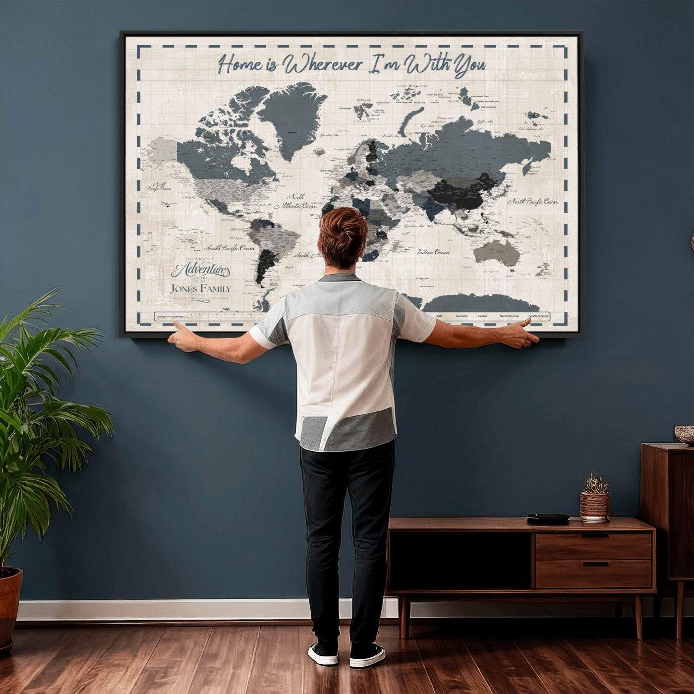 400867164-MGV-CV-36X24 - Framed Blue Custom Push Pin World Map Canvas Print – Personalized Travel Map Wall Art