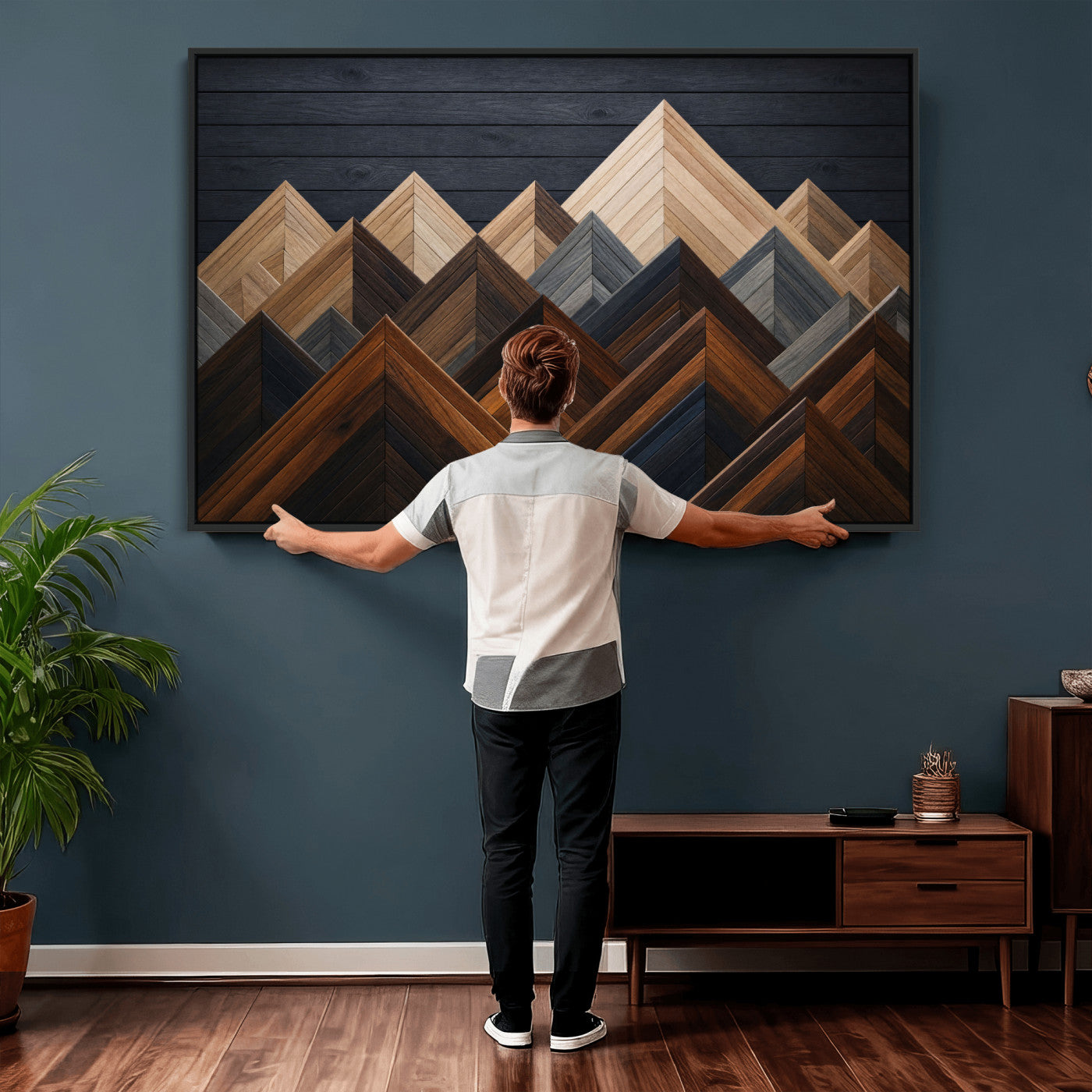70531117-MGV-CV-36X24 - Geometric Wood Mountain Wall Art Canvas Print, 3D Look Rustic Mosaic Landscape Print