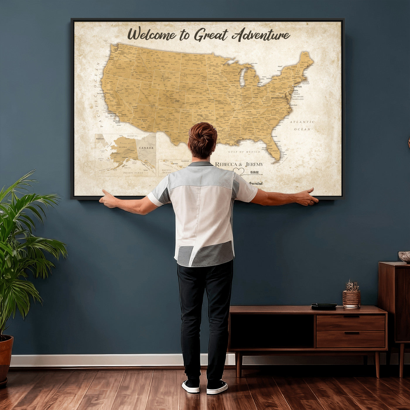 81437082-MGV-CV-36X24 - Custom Push Pin Travel USA Map Canvas Print, Cream Personalized Travel Tracker America Map, Anniversary Traveler Gift