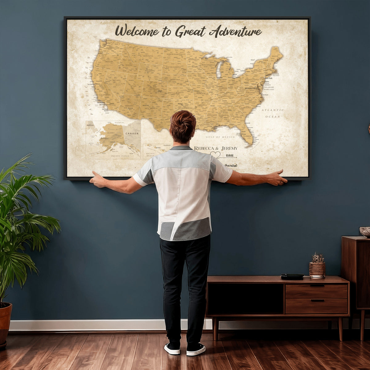 81437082-MGV-CV-36X24 - Custom Push Pin Travel USA Map Canvas Print, Cream Personalized Travel Tracker America Map, Anniversary Traveler Gift