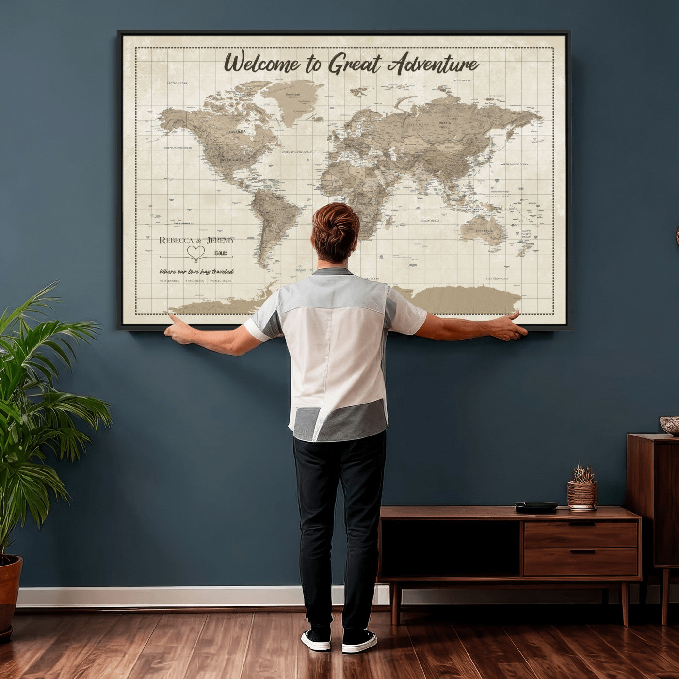 51180020-MGV-CV-36X24 - Custom Push Pin Travel Map Canvas Print, Cream Personalized Travel Tracker Map, Anniversary Gift, Vintage World Map Wall Art