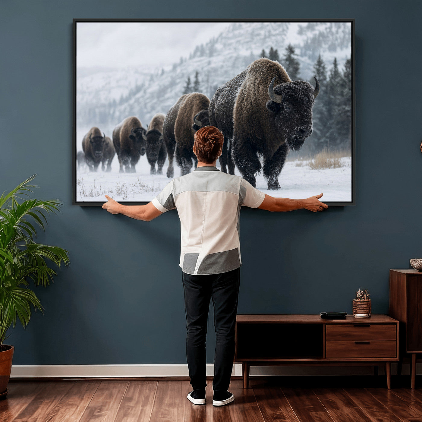 18343289-MGV-CV-36X24 - Rustic Bison Wall Art, American Buffalo Photo Print, Wildlife Canvas Artwork, Snowy Mountain Decor, Large Nature Poster, Cabin Gift Idea