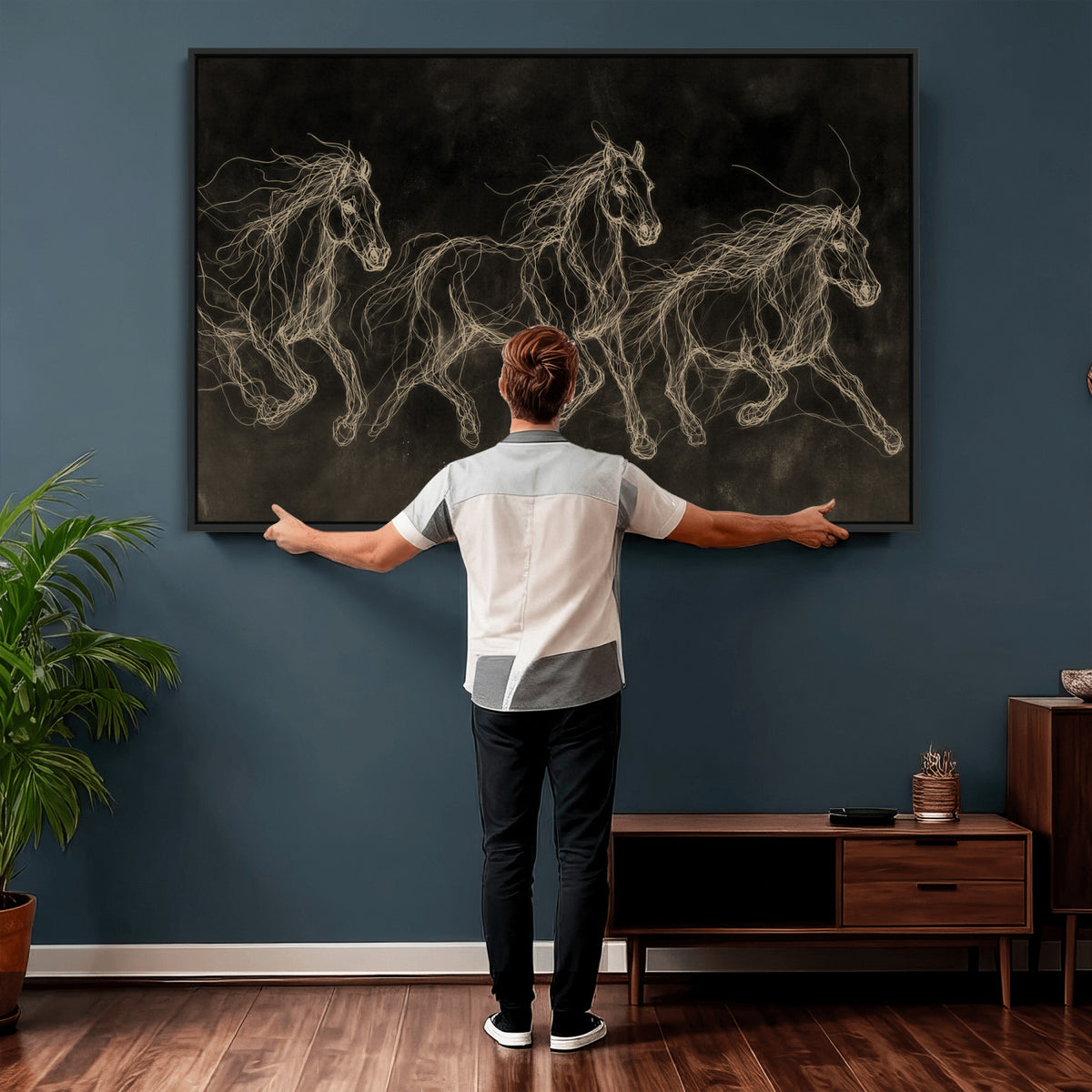 15344242-MGV-CV-36X24 - Dark Horse Line Art Canvas, Gold Scribble Wild Horses Print, Black Chalkboard Wall Art, Modern Luxury Equine Decor, Masculine Office Gift