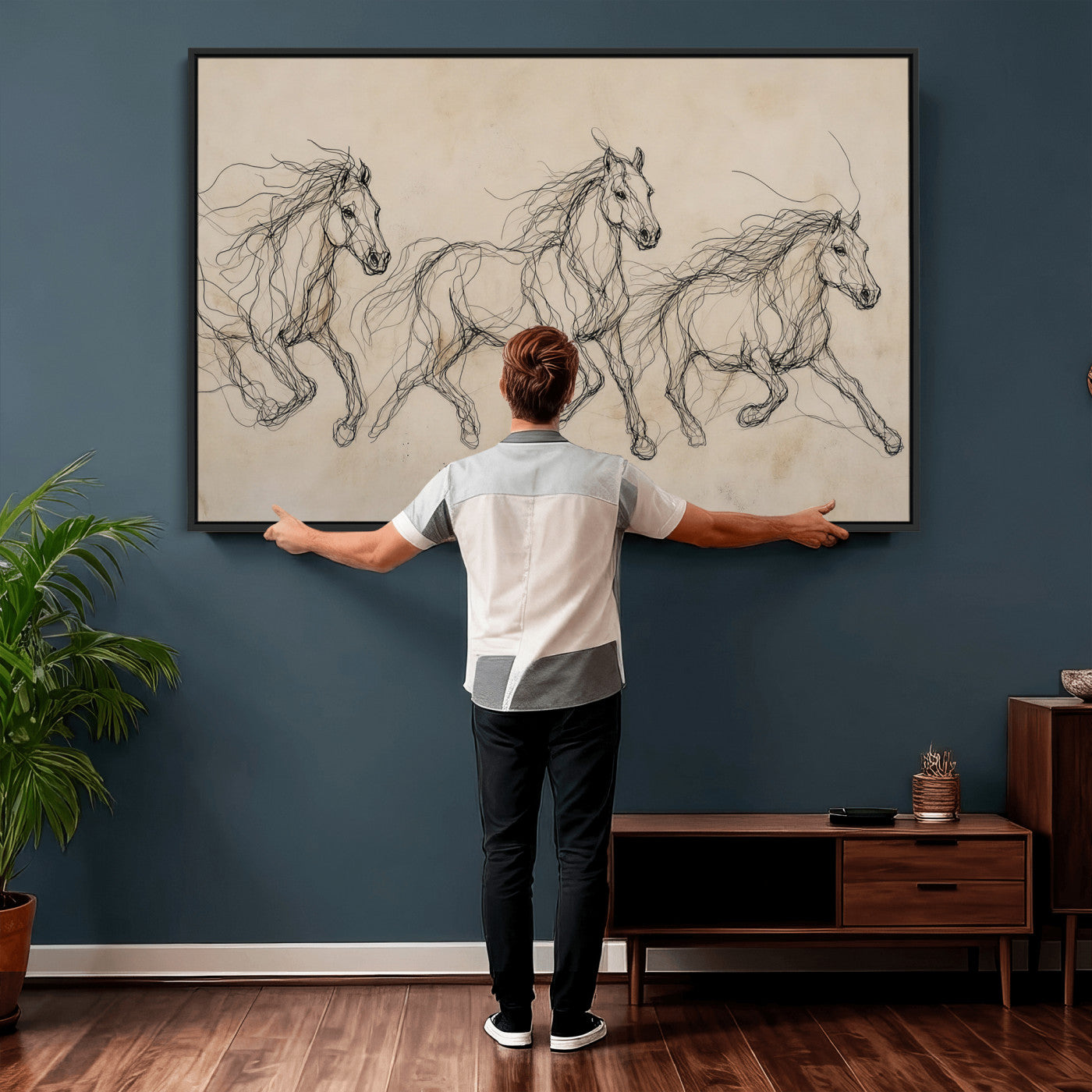 81051673-MGV-CV-36X24 - Abstract Horse Line Art Canvas, Gesture Sketch Wild Horses Print, Modern Scribble Artwork, Minimalist Equine Wall Decor, Rustic Studio Gift