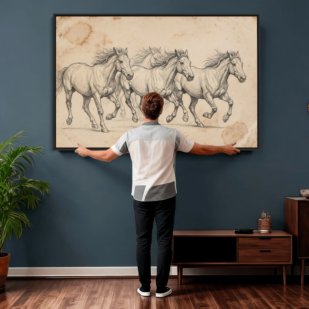 16644391-MGV-CV-36X24 - Vintage Horse Sketch Canvas Wall Art, Wild Horses Pencil Drawing Print, Antique Parchment Western Decor, Equine Sketching, Country Manor Gift