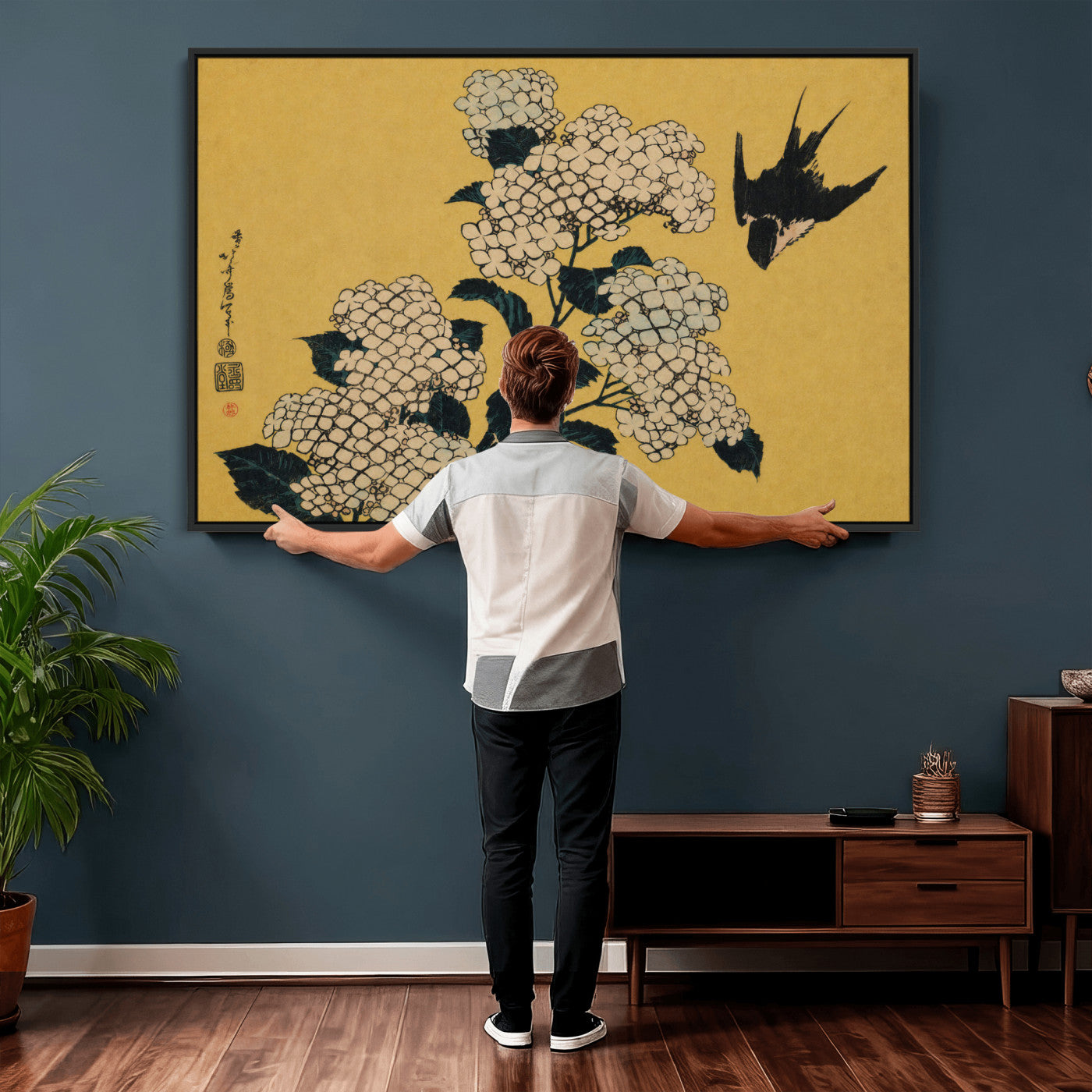 92483501-MGV-CV-36X24 - Katsushika Hokusai Hydrangea and Swallow Wall Art Canvas Print, Japanese Woodblock Painting Print