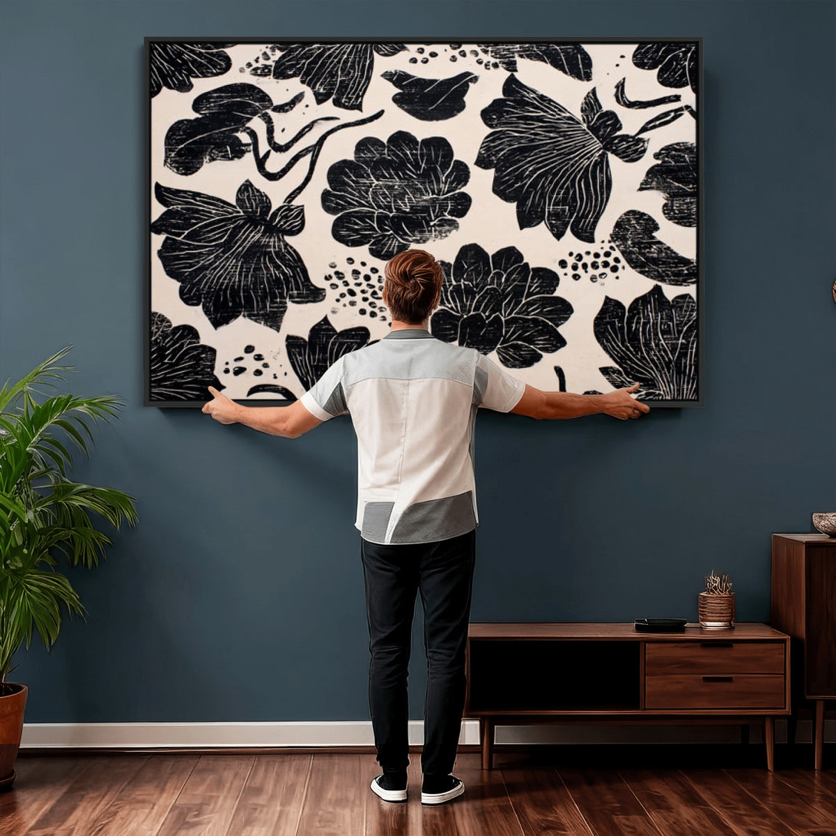 81787117-MGV-CV-36X24 - Linocut Black Lotus Floral Wall Art Canvas Print, Vintage Monochrome Botanical Painting Print