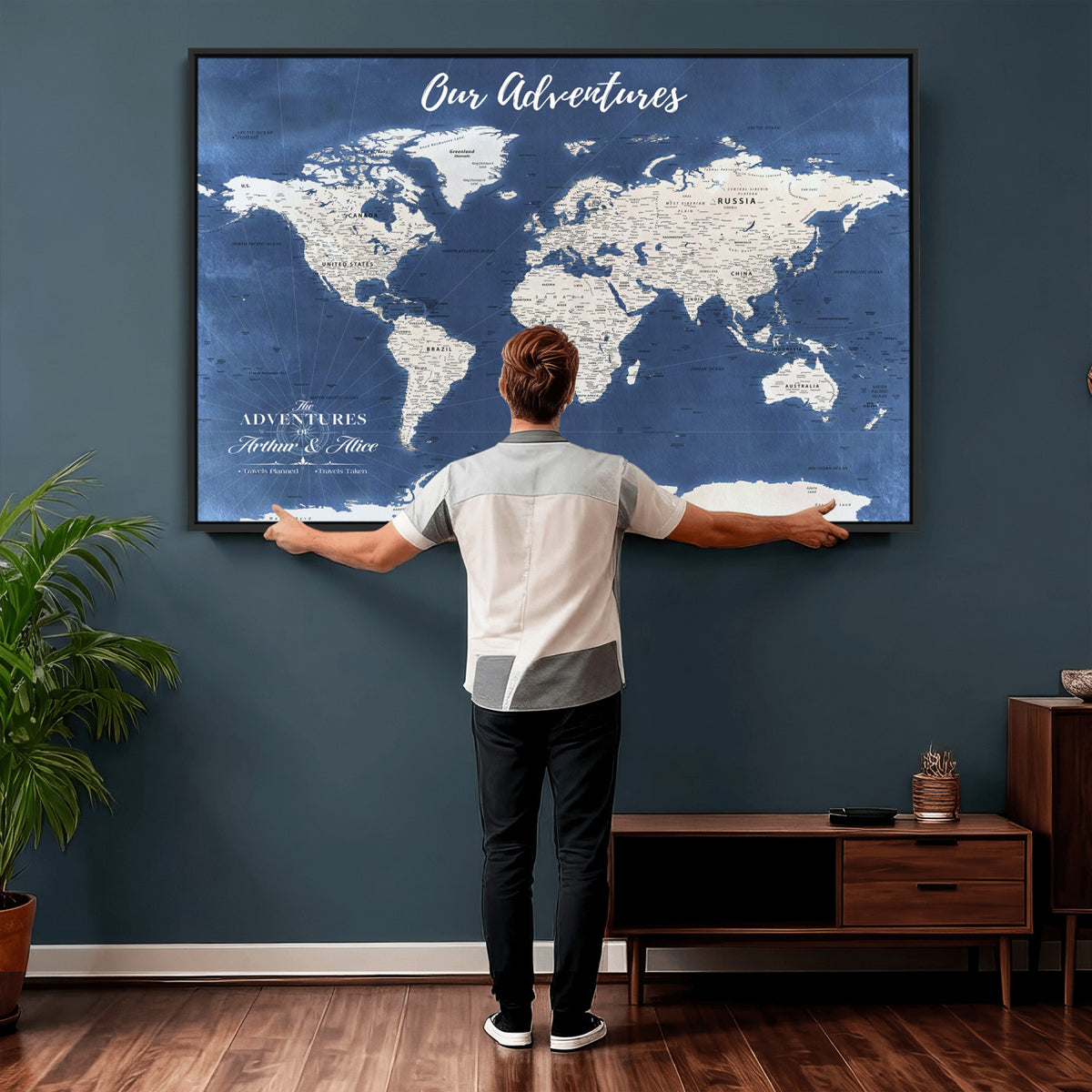 75405527-MGV-CV-36X24 - Extra Large Framed Personalize Push Pin World Map Wall Art Canvas Print for Travel Tracking
