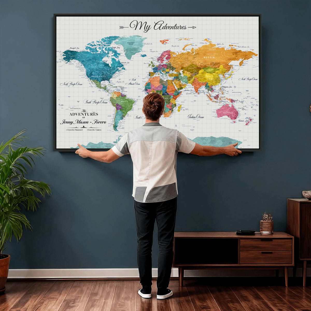 66743043-MGV-CV-36X24 - Extra Large Framed Personalize Push Pin World Map Wall Art Canvas Print for Travel Tracking