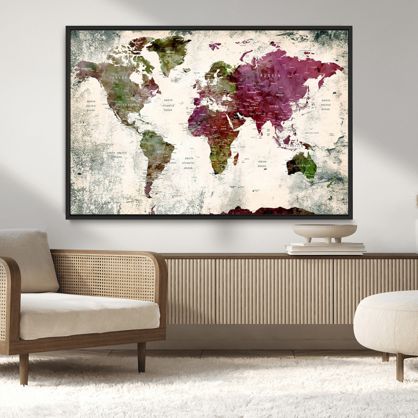 39882-MGV-CV-36X24-Vintage Watercolor Push Pin World Map Canvas – Framed Travel Wall Art for Home and Office Decor