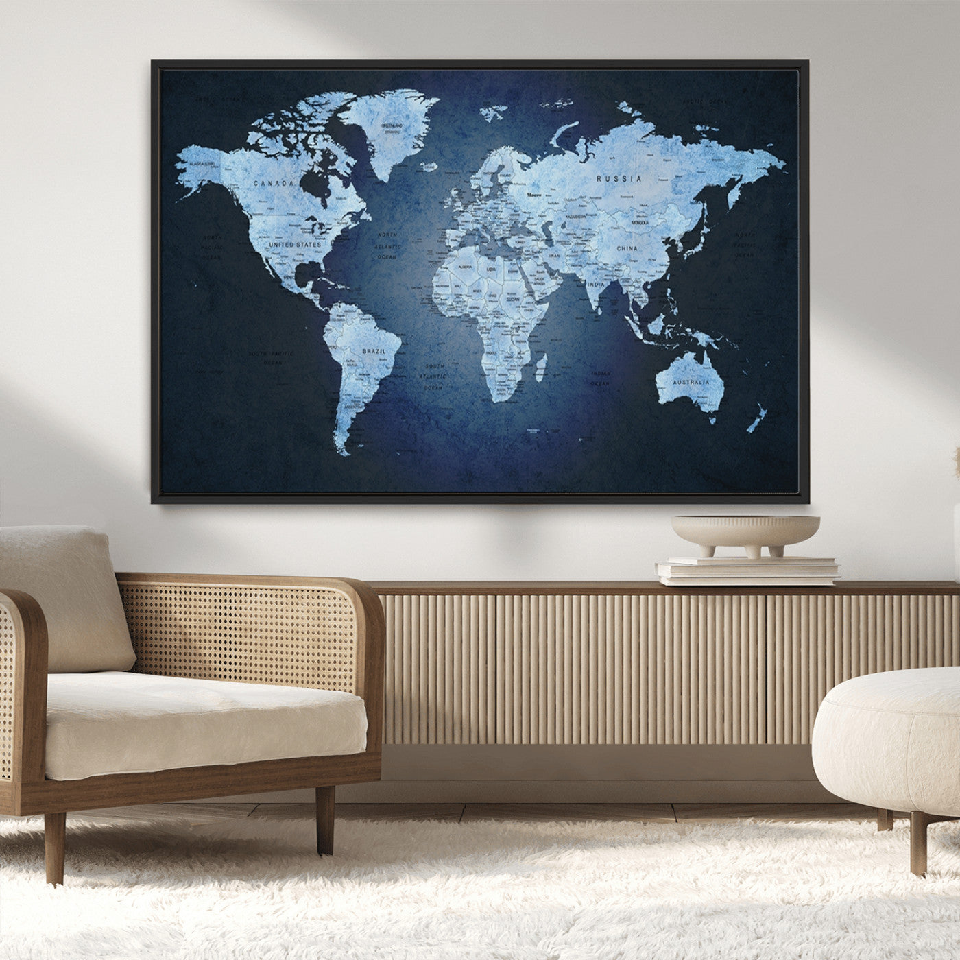 -Blue World Map Canvas Wall Art – Framed Modern Push Pin Travel Map for Home and Office Decor, Elegant Navy Global Wall Artwork for Travelers
