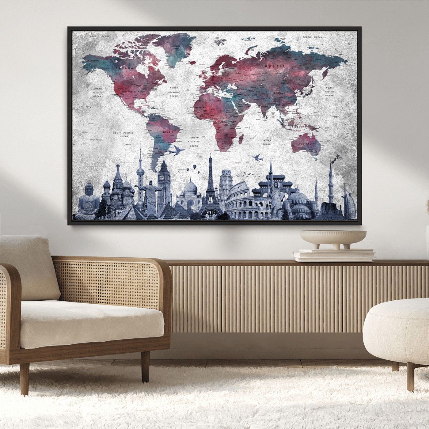42515-MGV-CV-36X24-World Map Canvas Wall Art with Famous Landmarks – Framed Travel Map Print for Home and Office Decor, Perfect Gift for Travel Lovers