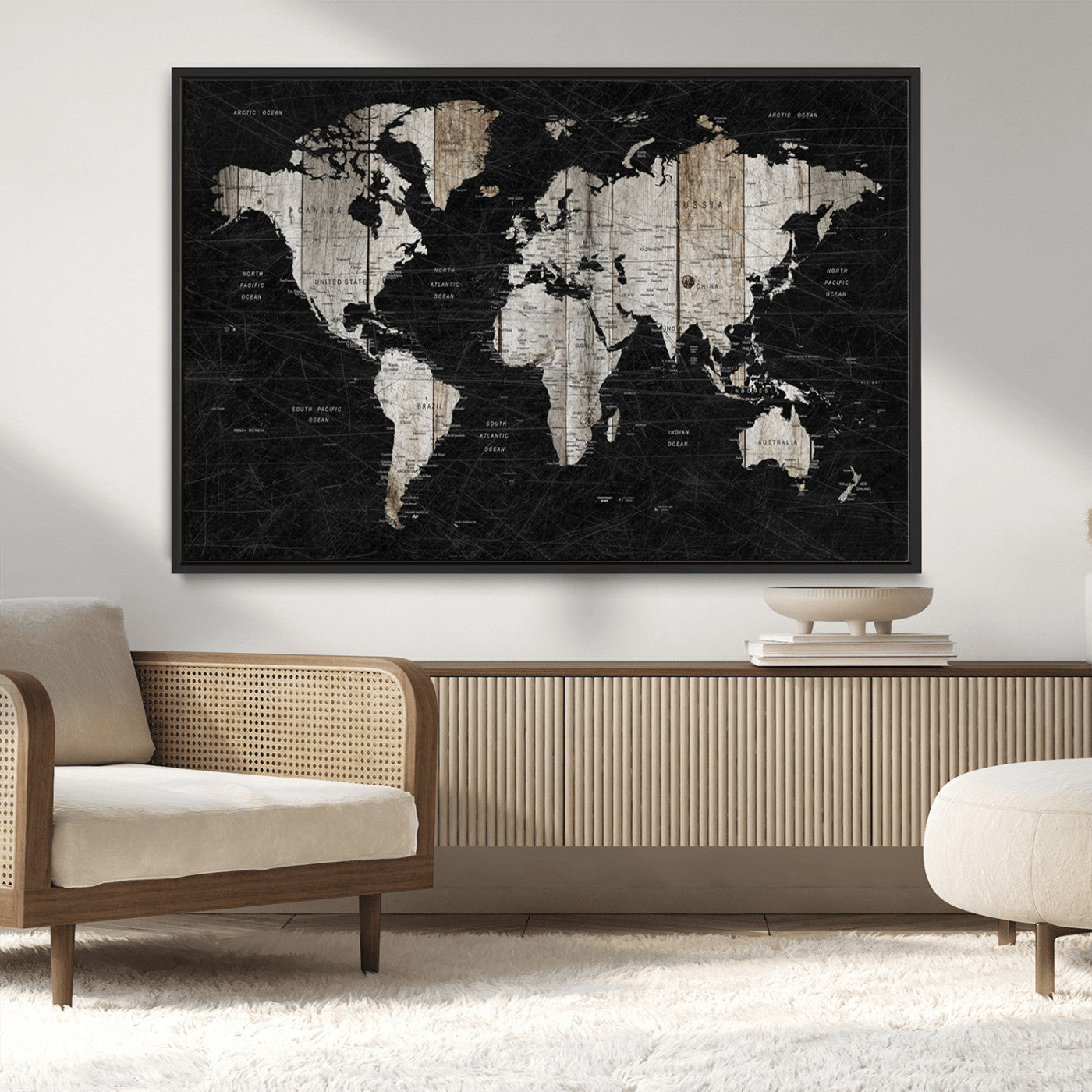 89998-MGV-CV-36X24-Rustic Black and Wood World Map Canvas Wall Art – Framed Push Pin Travel Map for Home and Office Decor, Modern Vintage Wall Artwork