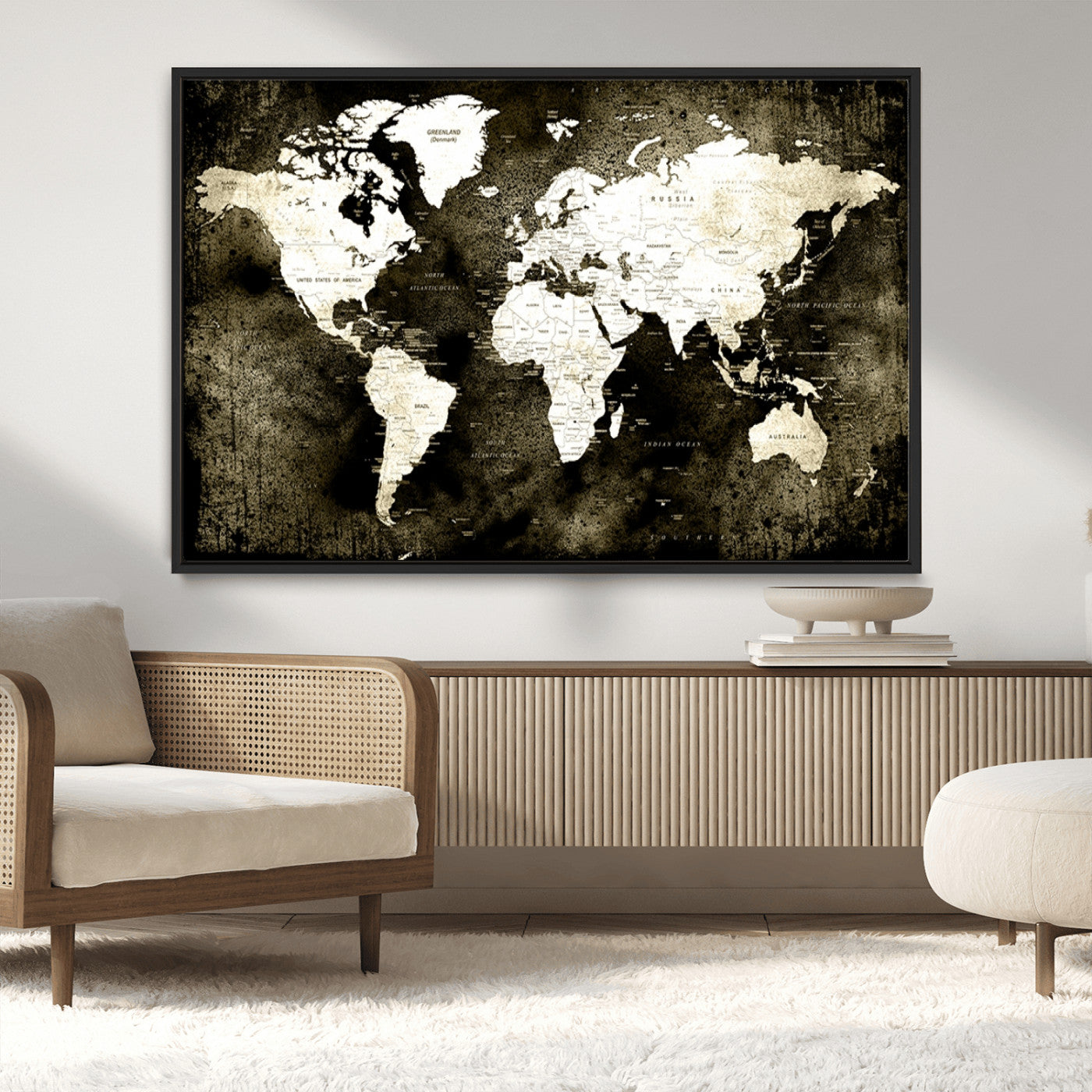 66737-MGV-CV-36X24-Vintage World Map Canvas Wall Art – Framed Push Pin Travel Map for Home and Office Decor, Rustic Wall Artwork for Travelers