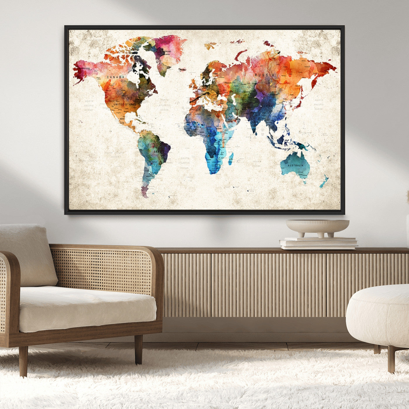 -Personalized World Map Canvas Print – Colorful Watercolor Push Pin Travel Map, Framed Wall Art for Home or Office Decor