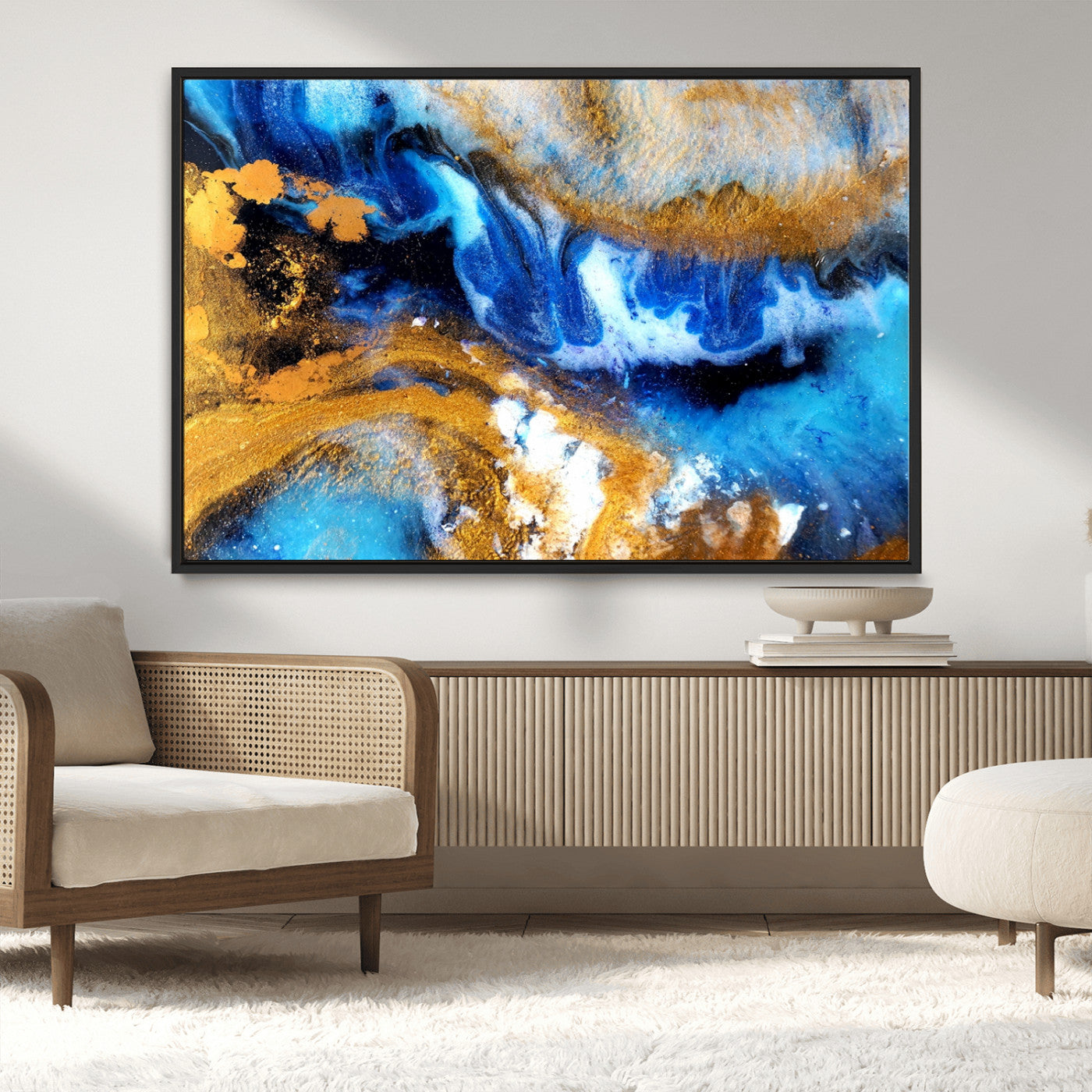 42100-MGV-CV-36X24-Blue Orange Marble Fluid Effect Canvas Wall Art Print