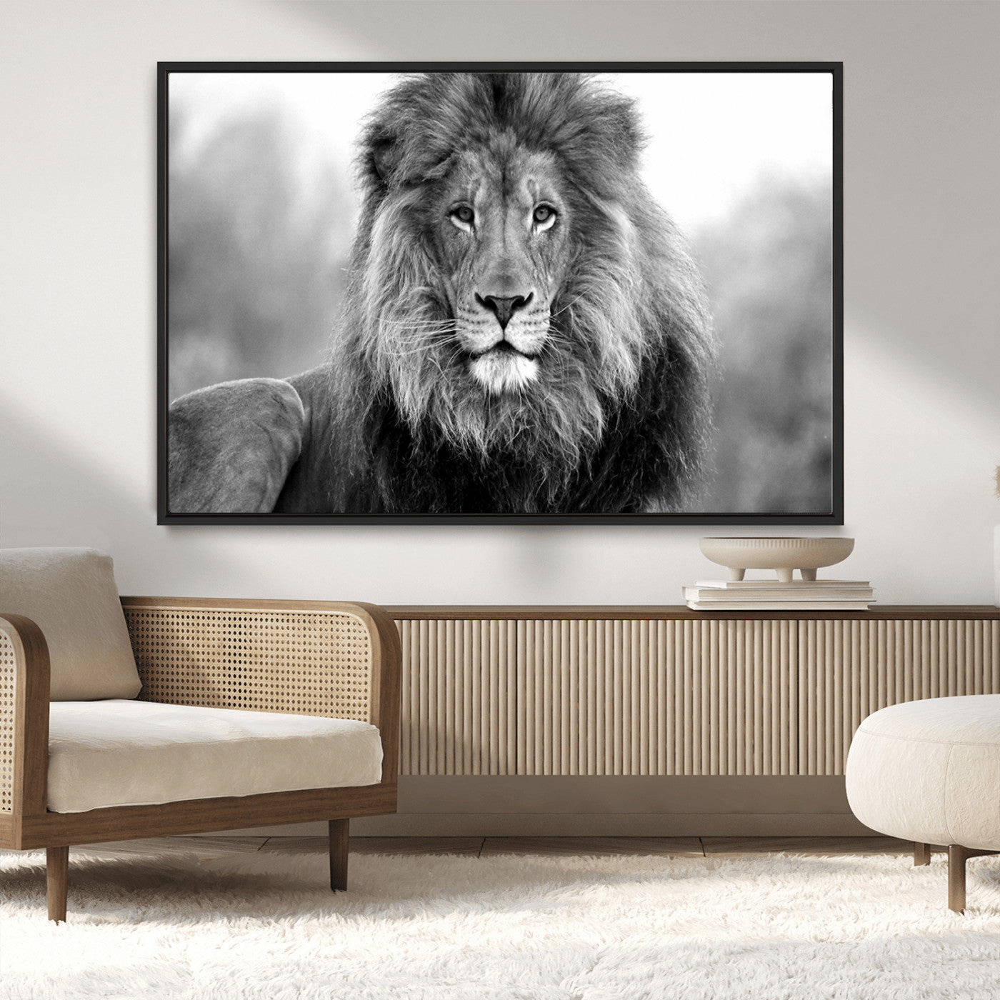 91590-MGV-CV-36X24-Black and White Lion Canvas Wall Art – Animal Print Artwork for Home, Office, Living Room, Guest Room