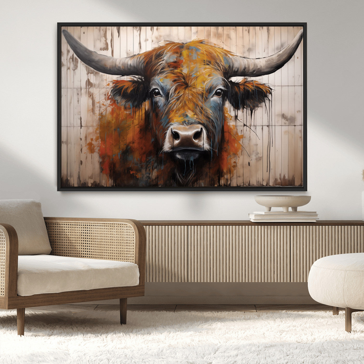 47284-MGV-CV-36X24-Scottish Highland Cow Cattle Art Print on Wood Style Background