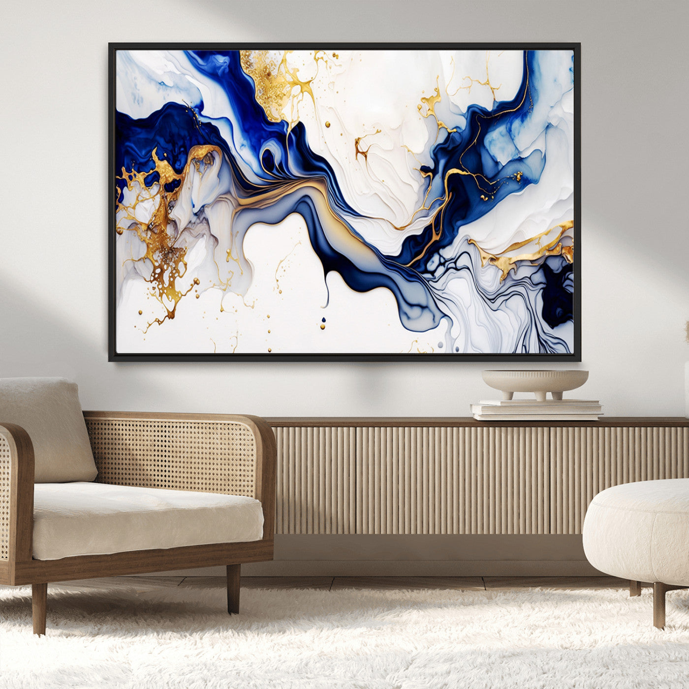 93392-MGV-CV-36X24-Golden Cascades on Midnight Blue – Deep Blue Abstract Wall Art Flowing Elegance | Wall Art Canvas,
