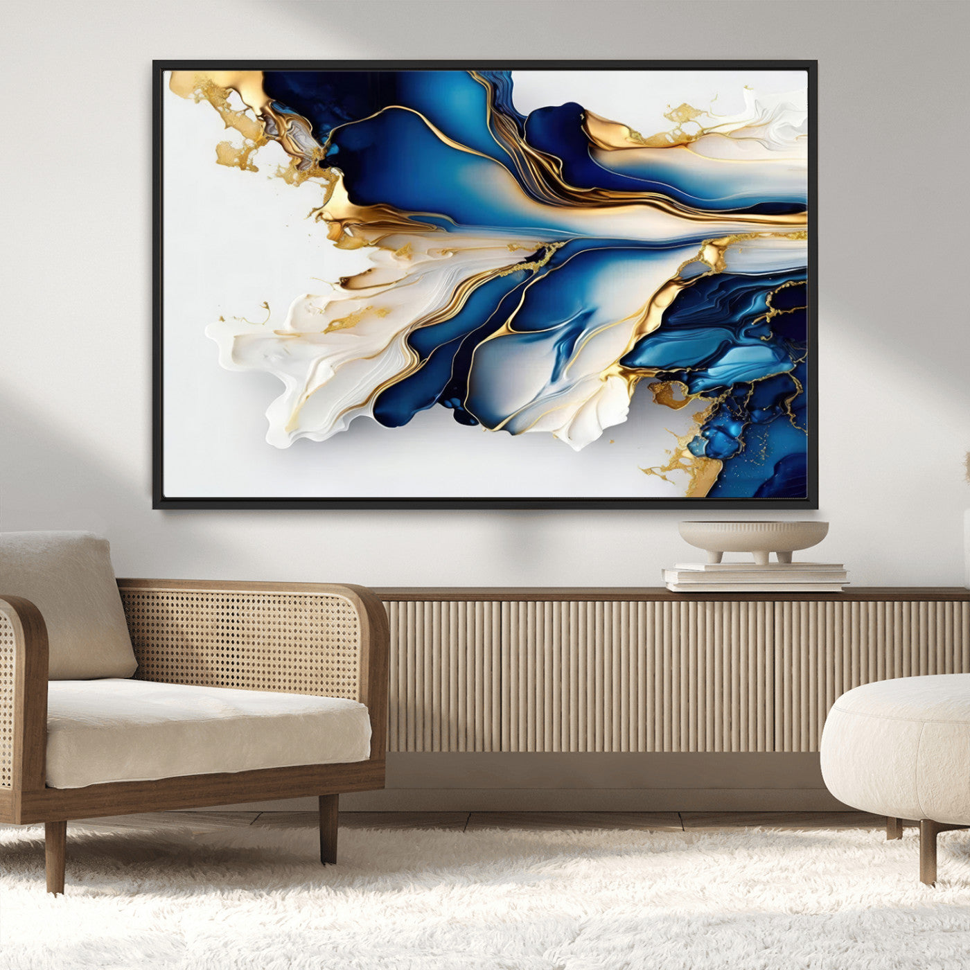 65693-MGV-CV-36X24-Gold Marble Art - Abstract Geode Gold And Blue Marble Shape 3 Pieces Wall Art Canvas Print