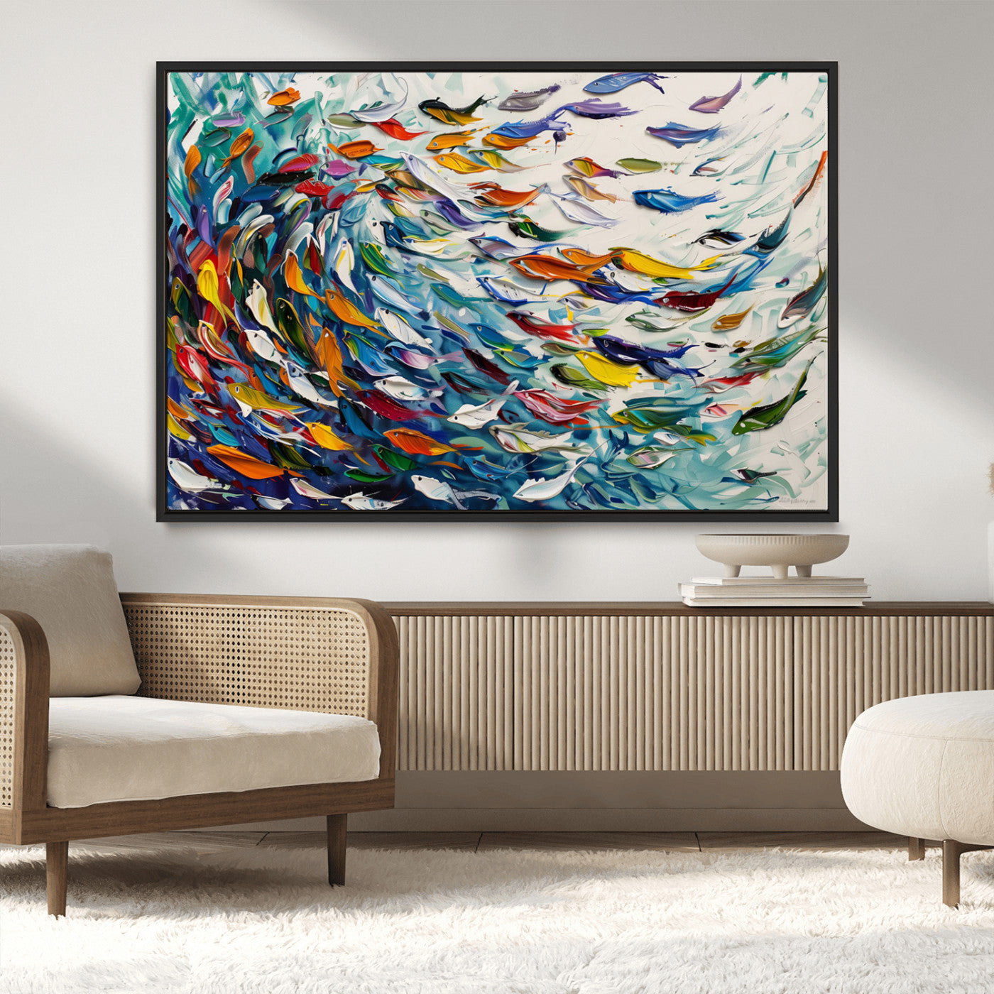 -Modern Abstract Fish Shoal Wall Art Canvas Print, Colorful Fish Herd Painting on Canvas Print, Ocean