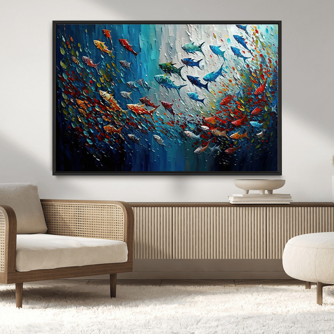 Modern Abstract Fish Shoal Wall Art Canvas Print, Colorful Fish Art, Ocean Animal Artwork