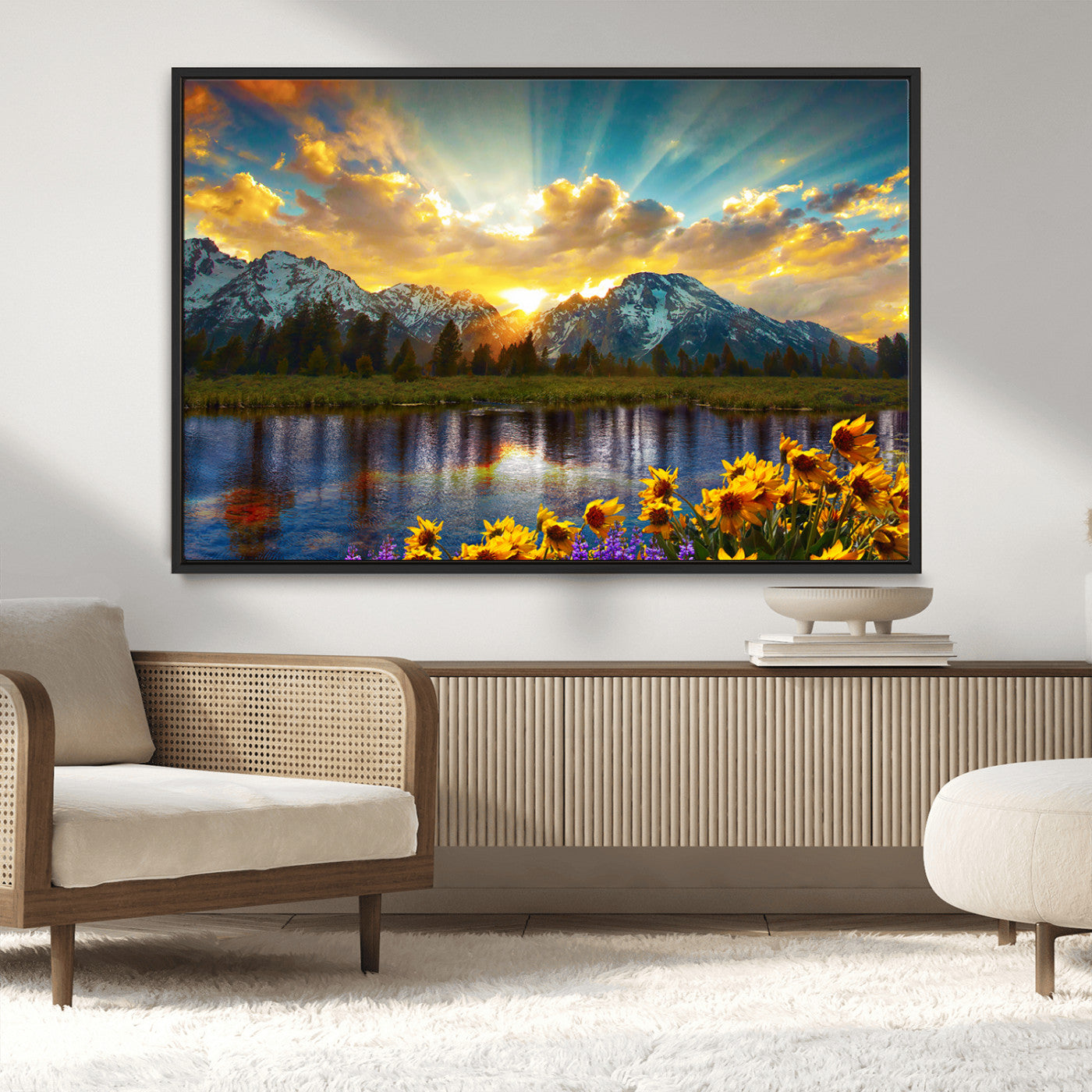 42292-MGV-CV-36X24-Mountain Sunrise Wall Art – Vibrant Landscape Canvas Print with Wildflowers and River Reflection, Nature Scenery Decor for Living Room or Bedroom