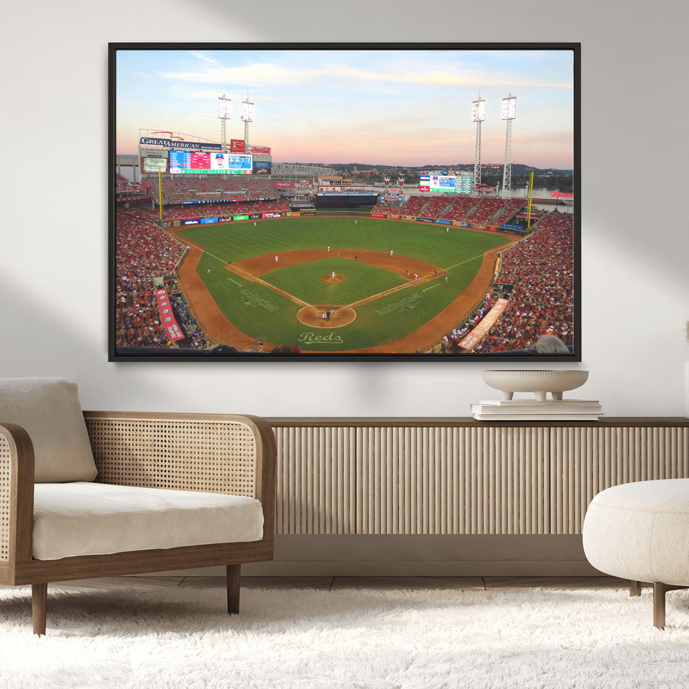 20257-MGV-FC-36X24_Black-Cincinnati Reds Baseball Print Canvas- Cincinnati Great American Ball Park Stadium Wall Art Canvas